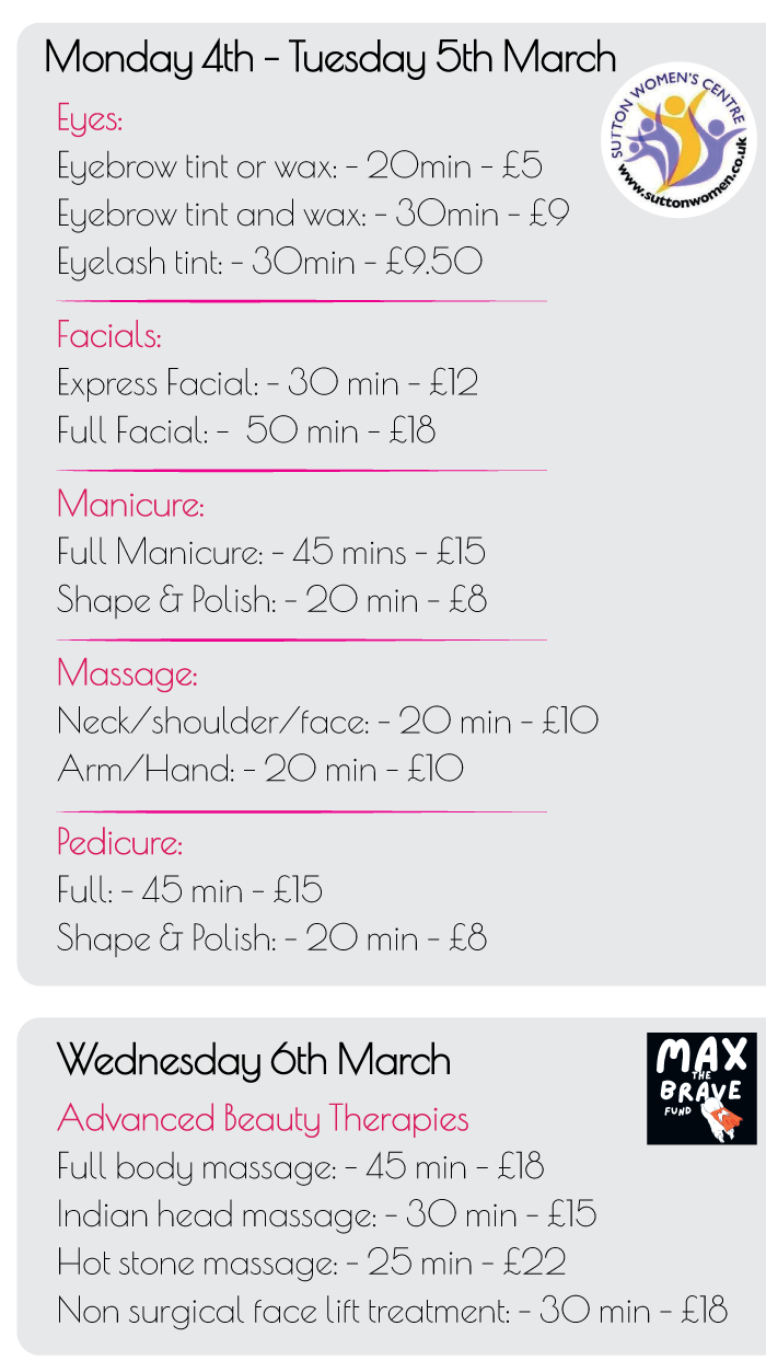Price list for Beauty Treatments