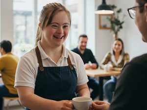 A smiling young woman with Down's Syndrome serves coffee in a cafe.